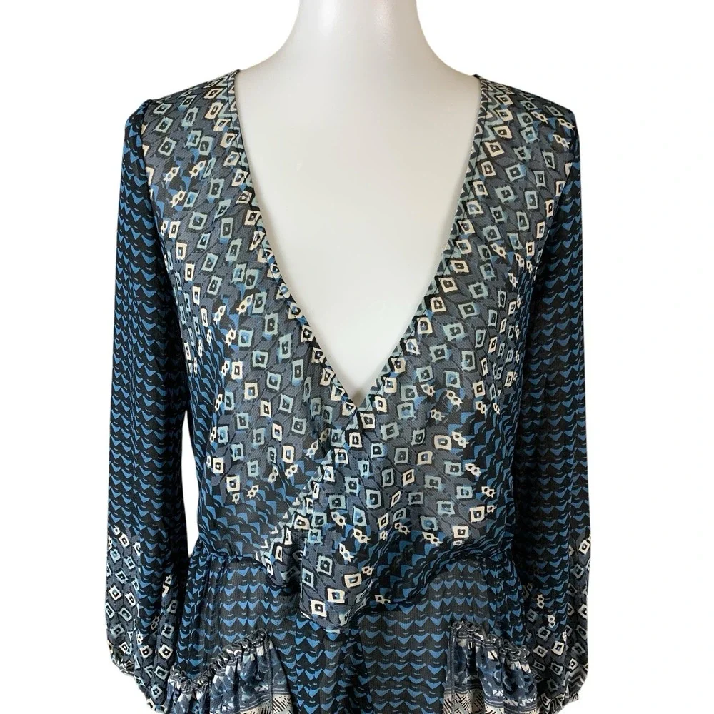 Free People Boho Elephant Print Ruffle Hem Wrap Sheer Top Small Long Sleeve Blue